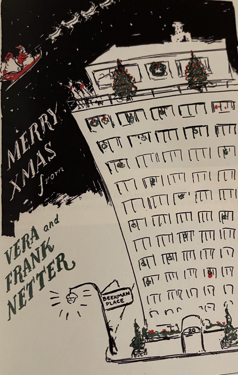 FNetterMD's tweet image. Frank and Vera Netter’s 1965 Christmas card, sent from their Beekman Place apartment in New York City. He drew himself, Vera, and their dog Jolie waving to Santa from the rooftop terrace! 

#medicalillustration #medicalart #christmascard #artist #doctor #franknetter #netter
