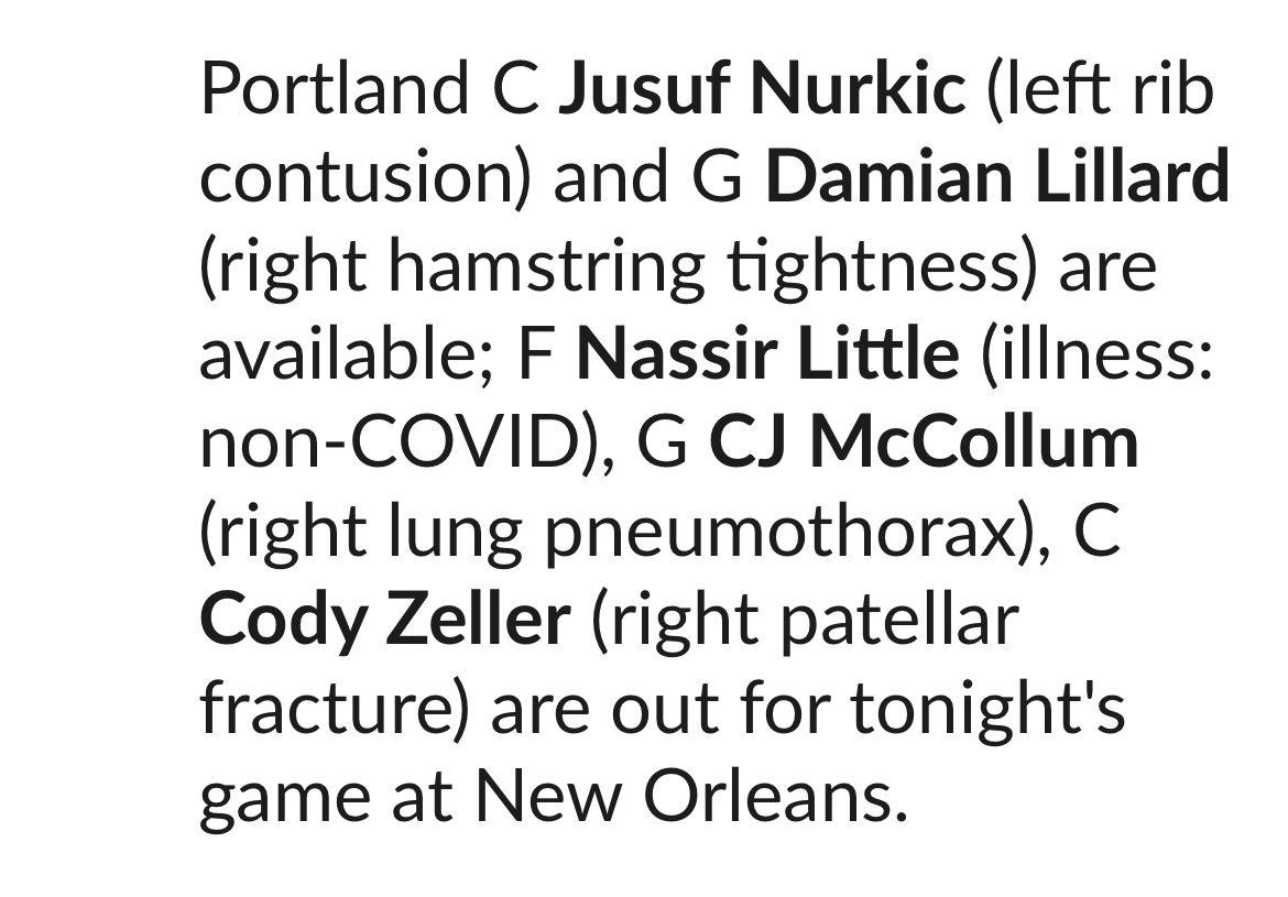 Damian Lillard and Jusuf Nurkic are available Tuesday night. https://t.co/FChloHINYV