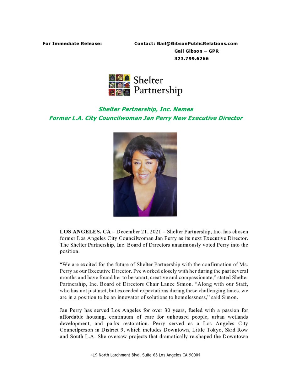 ShelterPartner1's tweet photo. Shelter Partnership, Inc. would like to announce that @JanPerry has been chosen by our Board of Directors to be the organization's Executive Director. We look forward to an exciting future under her leadership. 

#ShelterPartnership #fight4homeless #JanPerry https://t.co/GDmiHlGf4A