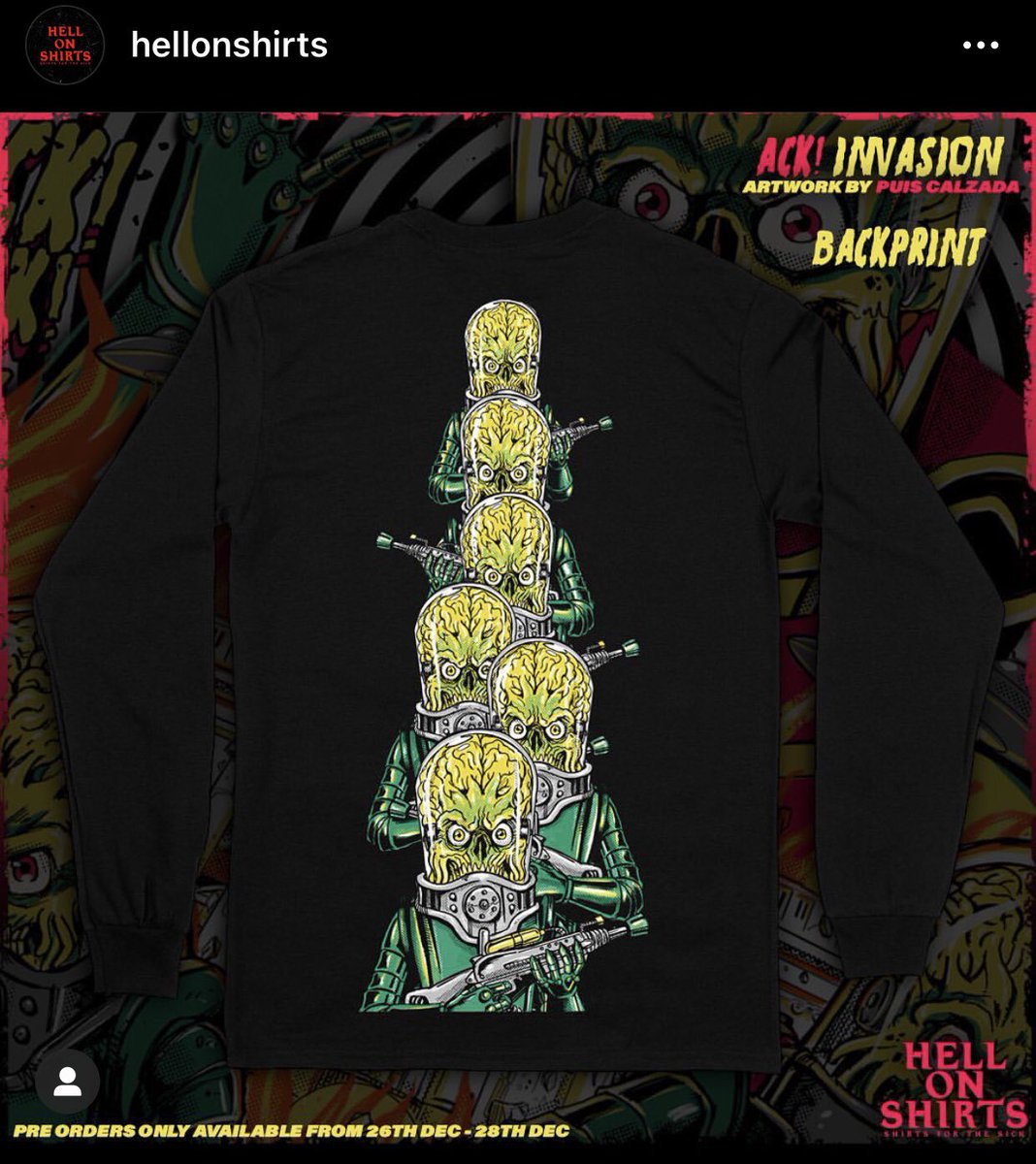 PuisCalzada's tweet photo. ACK! ACK! Collaboration with Hell on Shirts! This one will be available only this weekend for pre-order at https://t.co/nZeyiWgply! #martians #attacking #design #tshirtdesign #artwork #hellonshirts #puiscalzadaart https://t.co/h6q3Vcrf22