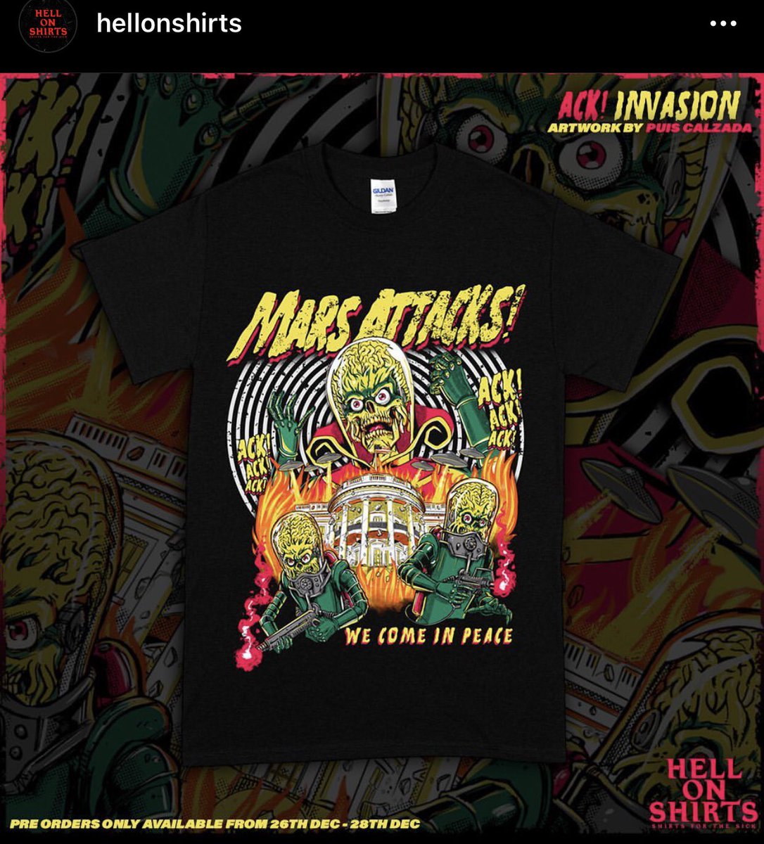 PuisCalzada's tweet photo. ACK! ACK! Collaboration with Hell on Shirts! This one will be available only this weekend for pre-order at https://t.co/nZeyiWgply! #martians #attacking #design #tshirtdesign #artwork #hellonshirts #puiscalzadaart https://t.co/h6q3Vcrf22