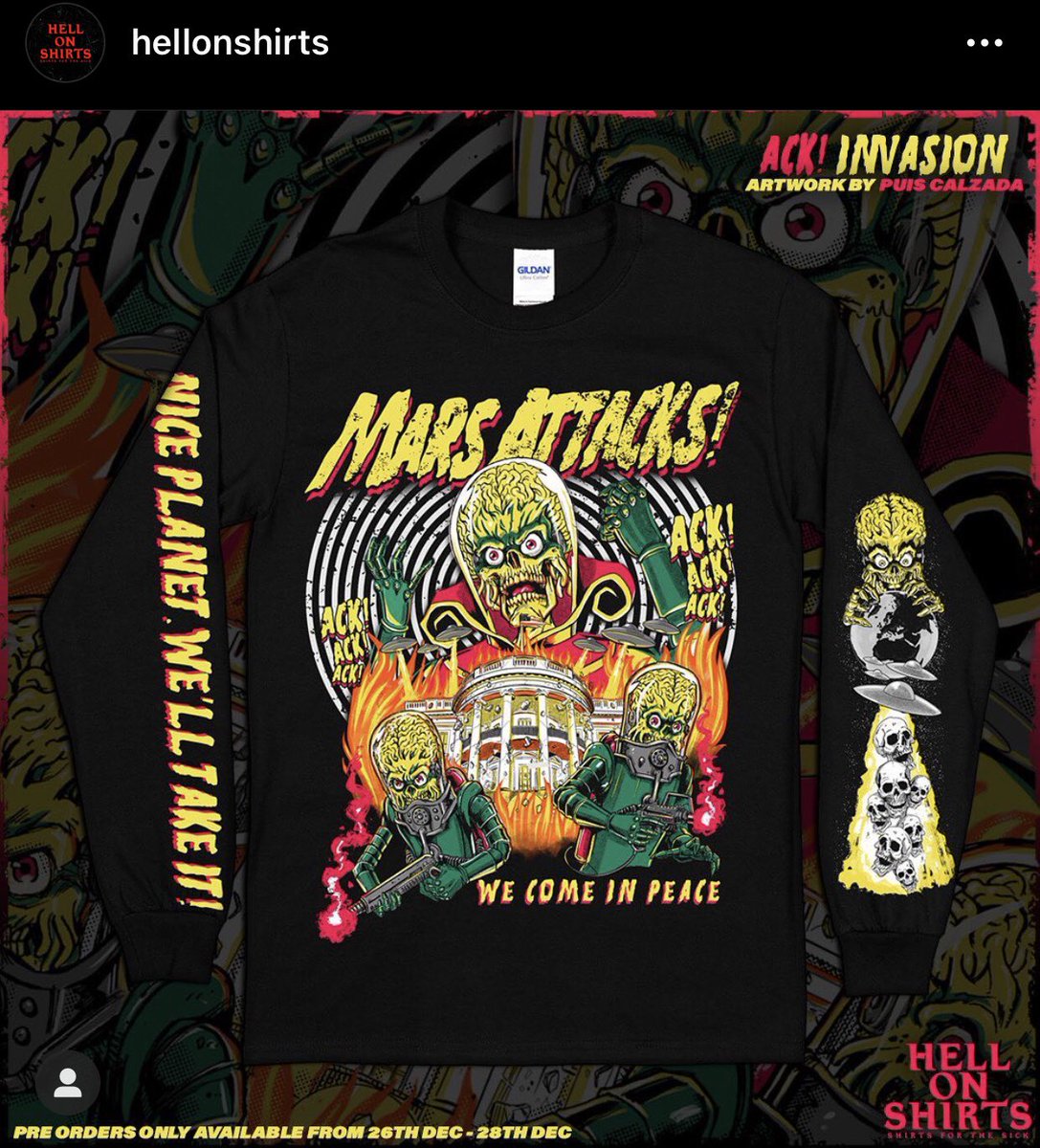 PuisCalzada's tweet photo. ACK! ACK! Collaboration with Hell on Shirts! This one will be available only this weekend for pre-order at https://t.co/nZeyiWgply! #martians #attacking #design #tshirtdesign #artwork #hellonshirts #puiscalzadaart https://t.co/h6q3Vcrf22