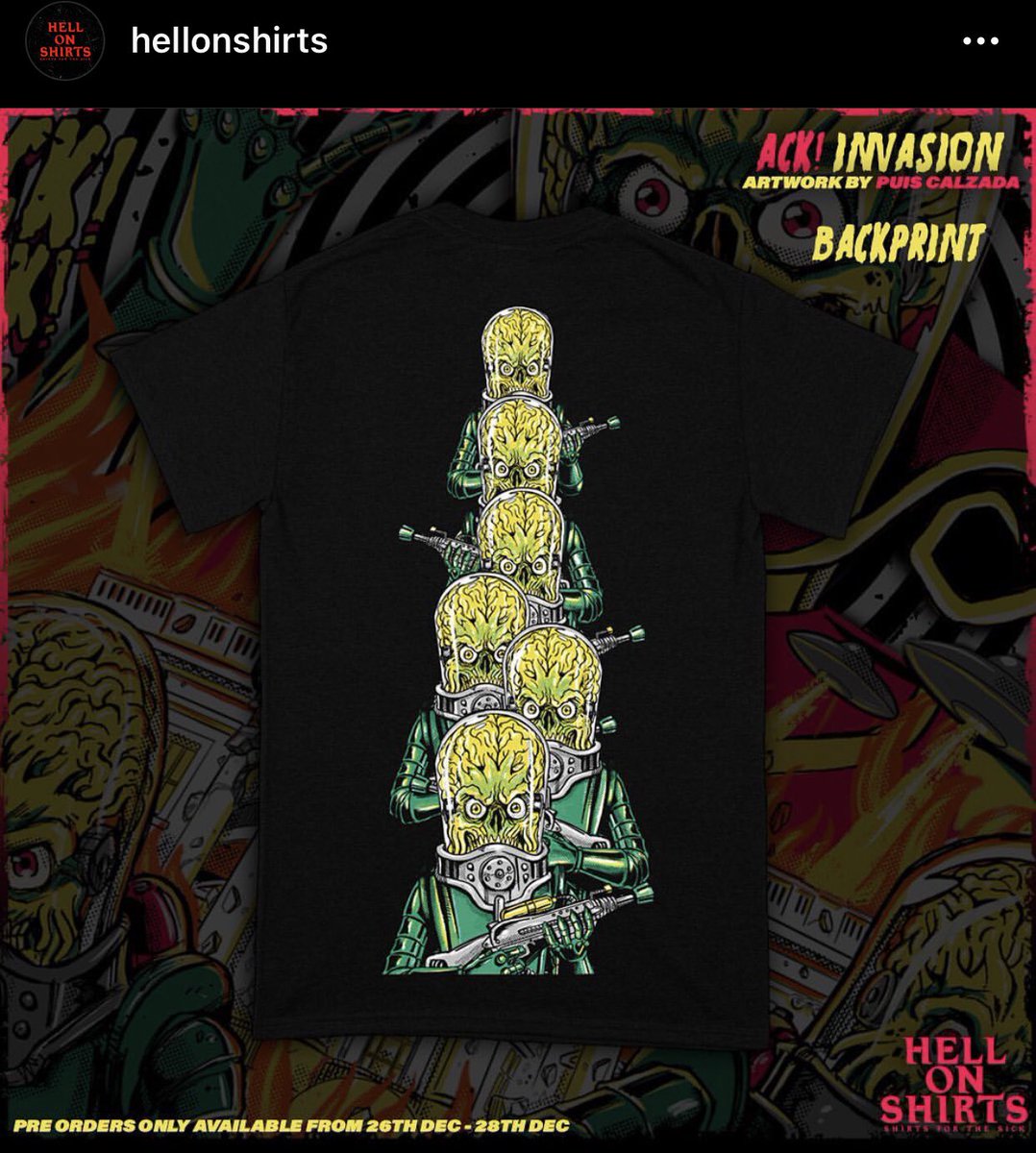 PuisCalzada's tweet photo. ACK! ACK! Collaboration with Hell on Shirts! This one will be available only this weekend for pre-order at https://t.co/nZeyiWgply! #martians #attacking #design #tshirtdesign #artwork #hellonshirts #puiscalzadaart https://t.co/h6q3Vcrf22
