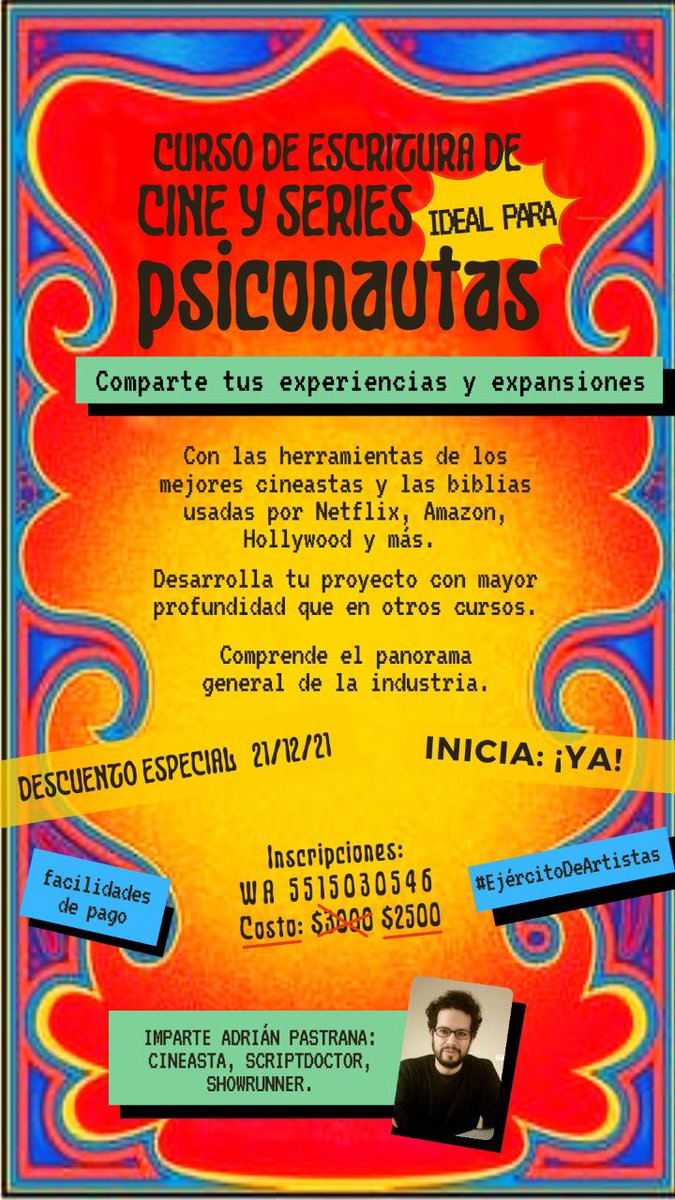 AdrianArmadillo's tweet photo. Curso para escribir cine, series, novela y cuento.

Ideal para #psiconautas y con #descuento por #21dicembre #21Dic 

#Descuento

¿Me ayudan a compartirlo amigxs?

(Escribe #cine #series para  #Amazon #TheWitcher #HBOMax #JulieAndThePhantoms #Netflix) https://t.co/PvwvYszRpz