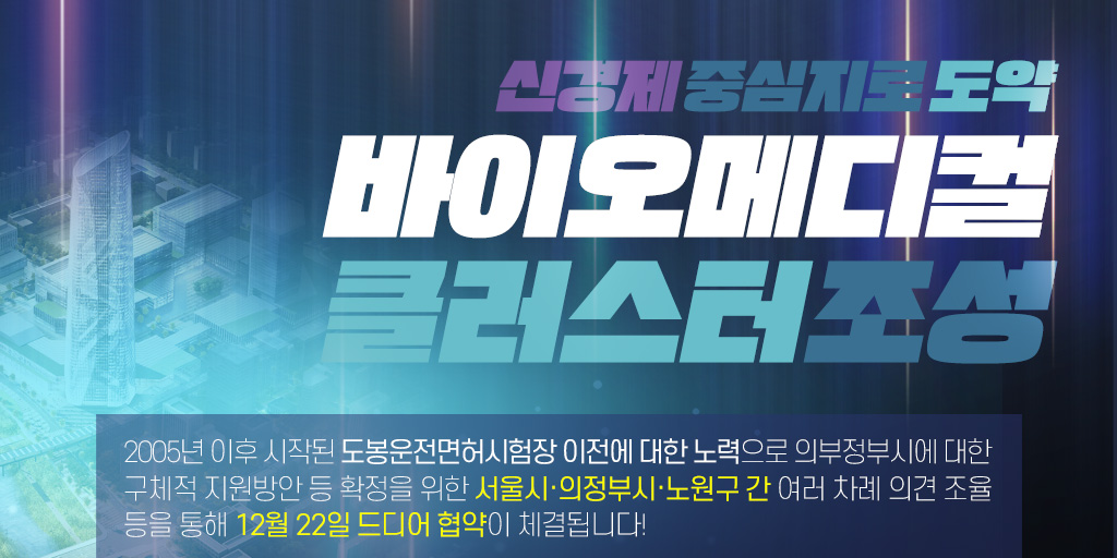 12월 22일 오늘, 서울시·의정부시·노원구 간 「도봉운전면허시험장 이전」을 위한 협약이 체결됩니다!

창동·상계 지역을 아우르는 신경제 중심지 「바이오메디컬 클러스터」 조성은 현재 진행형

더 많은 이야기가 궁금하다면? bit.ly/3FmVnZe