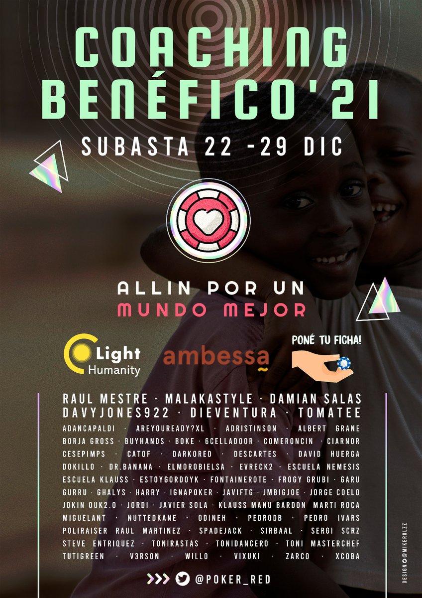 SUBASTAS DE COACHINGS SOLIDARIOS
ONGs beneficiadas: Cañada Solar/Ambessa/Poné tu ficha!
Las pujas se cierran en directo el 29/12
Deben hacerse en el hilo de Twitter de cada coach; cada puja es por 1 hora de coach
En este enlace encontraréis todos los coach linktr.ee/Poker_Coaching…
