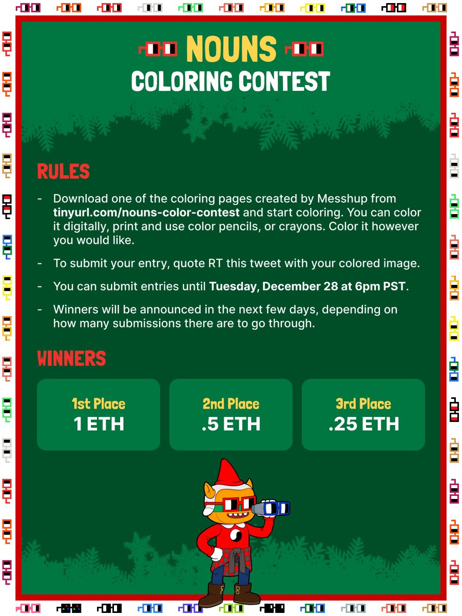 undeadnoun22's tweet photo. 1/ Happy Holidays from @nounsdao!

We're launching a 🖍Coloring Contest🖍, using the incredible artwork @messhup has created.  See the pic attached for details. https://t.co/N7ftXppAkO