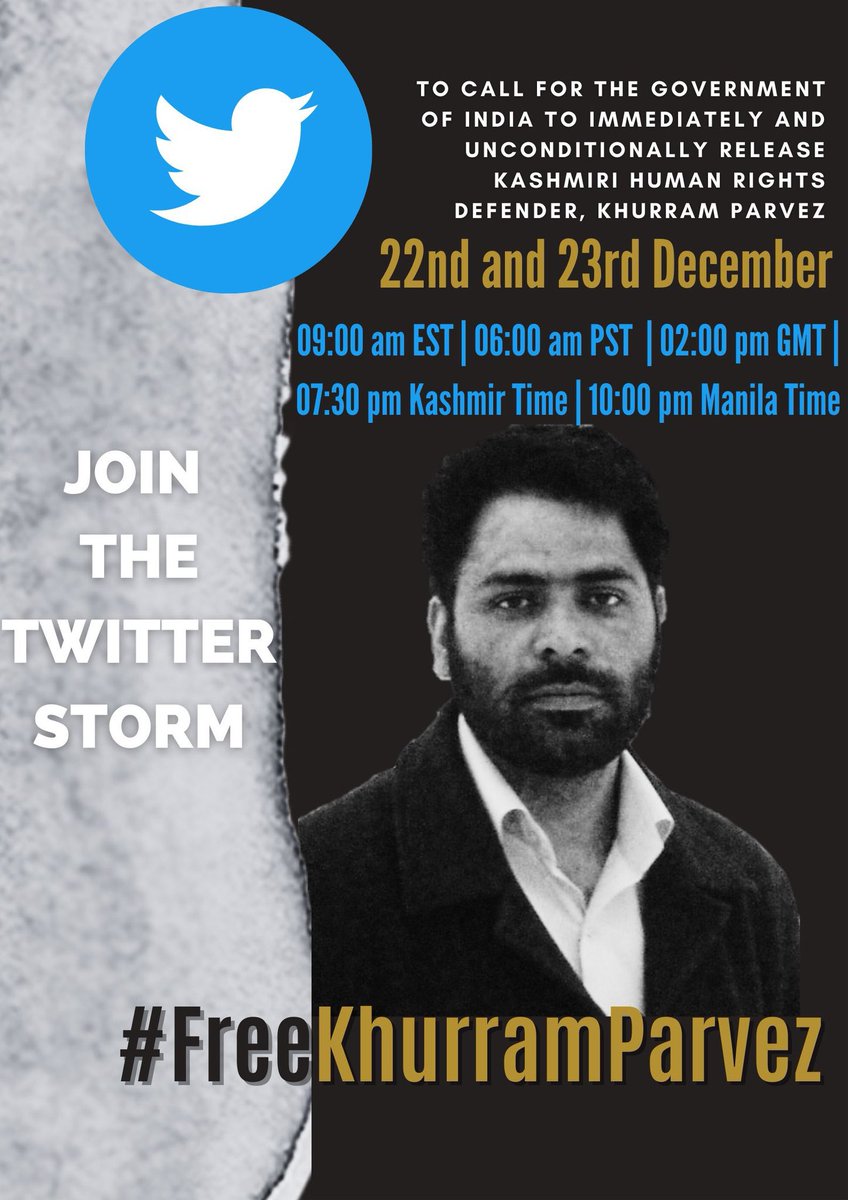 cjwerleman's tweet photo. Help call on the Indian Government to immediately and unconditionally release Kashmiri human rights activist @KhurramParvez.

#FreeKhurramParvez https://t.co/tRUMNpdtsh