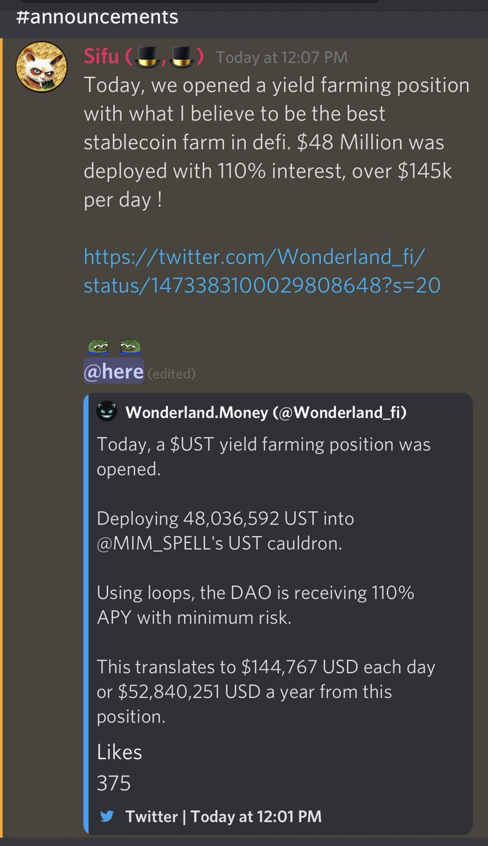 genie_trades's tweet photo. In case you missed it.. $TIME treasury has the most profitable stable coin farm in all of #Defi .. 
48m deployed making 145k per day 👀 largest DAO is the most profitable DAO 💎 🙌 on @Wonderland_fi 🧞‍♂️🐸 (🎩,🎩)

@CryptoToucher @takegreenpill @nikiilauren @Captain_BTC @Route2FI https://t.co/f8fgtkDatx