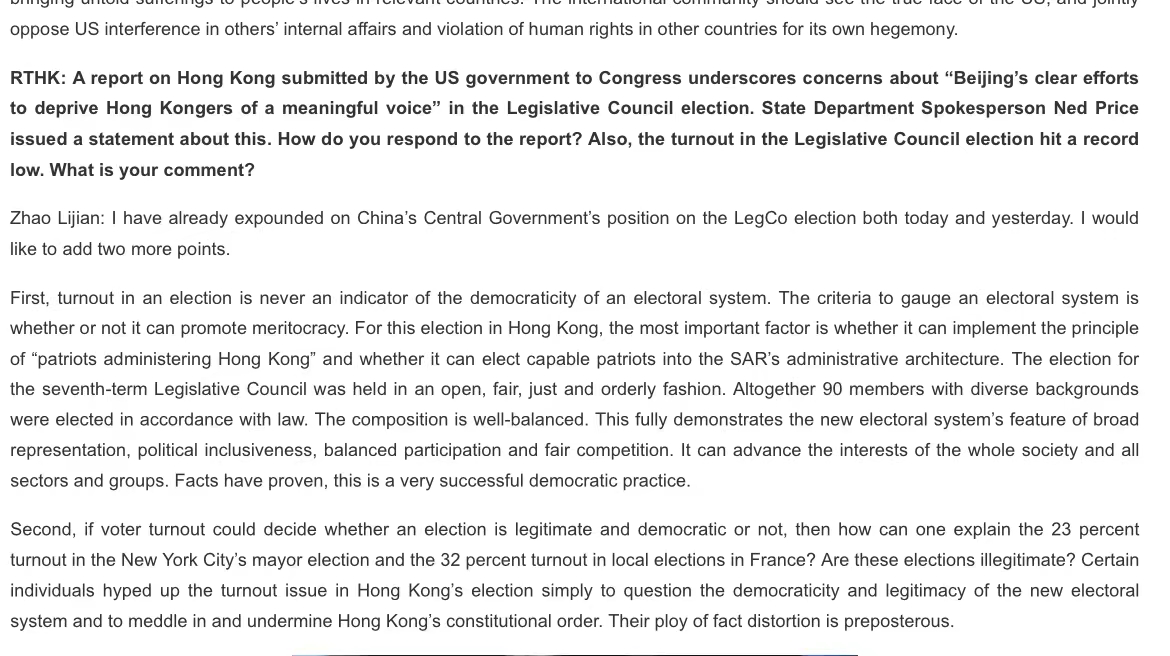 qingqingparis's tweet photo. In yesterday's press conf of MOFA, @zlj517 responded to relatively low turnout from #HongKong #LegCoElection, saying turnout is never an indicator of democraticity of an electoral system, in NYC mayor election, the turnout was 23% and in local elections in France, it was 32% https://t.co/dyEXjTWXTQ