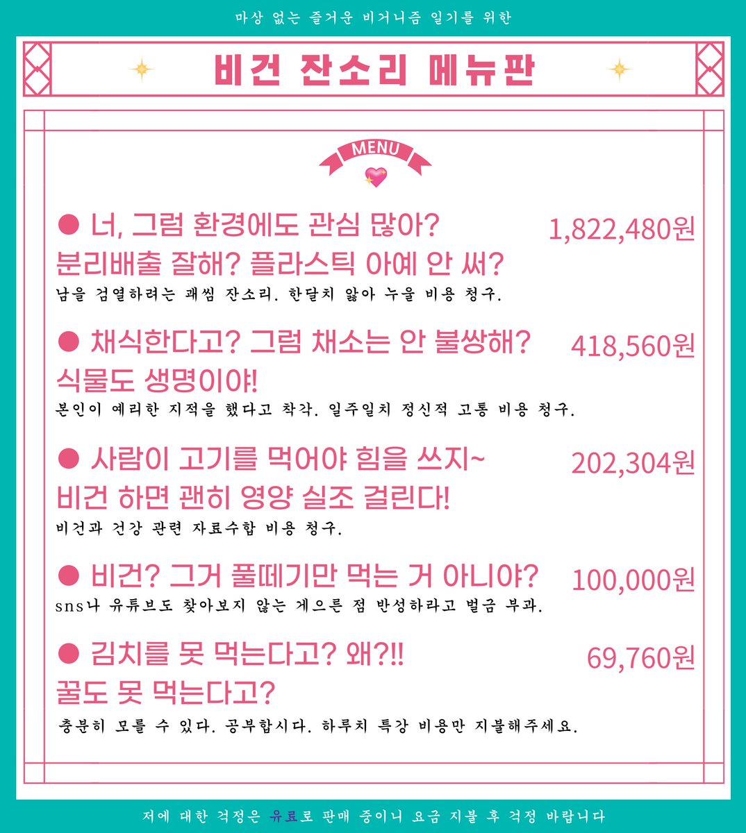 Zero_Zone_Diary's tweet image. 🍴비건 잔소리 메뉴판 🍴

띵동 🎵

비건 벌크업 단지앙🍯이 직접 가격 책정한 
비건 잔소리 메뉴판이 나왔습니다~ 🧑‍🍳

비건 관련해서 쏟아지는 온갖 잔소리! 참견!
쓸데 없는 걱정은 돈, 내고 하시라! 

비건 지향하시는 분들 모두 모두 퍼가서 널리 널리 사용해주세요! 

#나의비거니즘일기 #비건