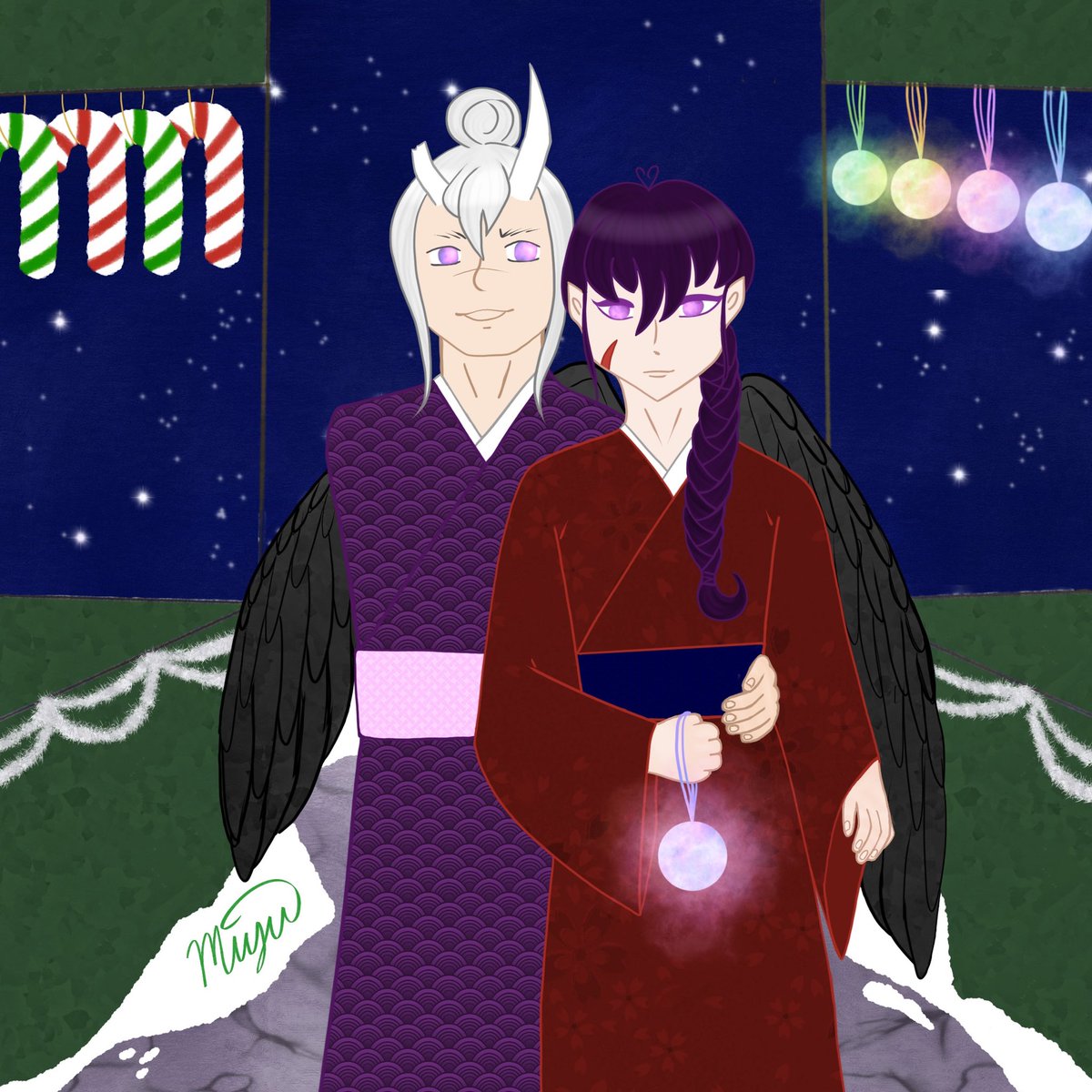 miyu1963's tweet image. HoHoHo it’s #sheithsecretsanta time!! I was matched with @existence_proof who had a wonderful list of AUs on their wish list. I picked a youkai AU and drew a dragon Shiro and a (protective) tengu Keith ⛩ they are out enjoying a Xmas market and being adorable 🥰 I hope u like it!