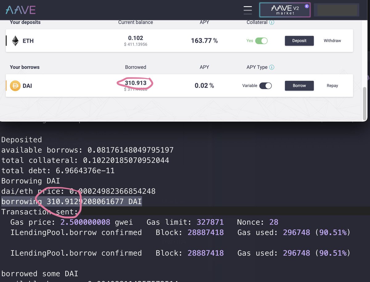 tonisives's tweet photo. I just deposited and borrowed to @AaveAave  testnet with @BrownieEth. Thanks @PatrickAlphaC 👍🏽 https://t.co/kg25VLZzvl