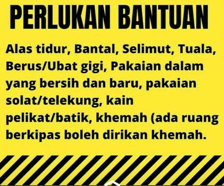 <a href="/amirxabdhadi/">Amirx Abd Hadi</a> <a href="/raishussin/">Dr. Rais Hussin</a> <a href="/partimuda/">Parti MUDA</a> mohon RT..
PPS SMK Karak setia,karak/PPS kolej komoniti bentong
  URGENT
senarai keperluan
1-air meneral
2-pakaian dewasa/kanak/
3-pampers
4-toto
4-selimut
5-alas duduk(tikar etc)
6-barang mandian
7-lilin
8-makanan ready to eat
URGENT