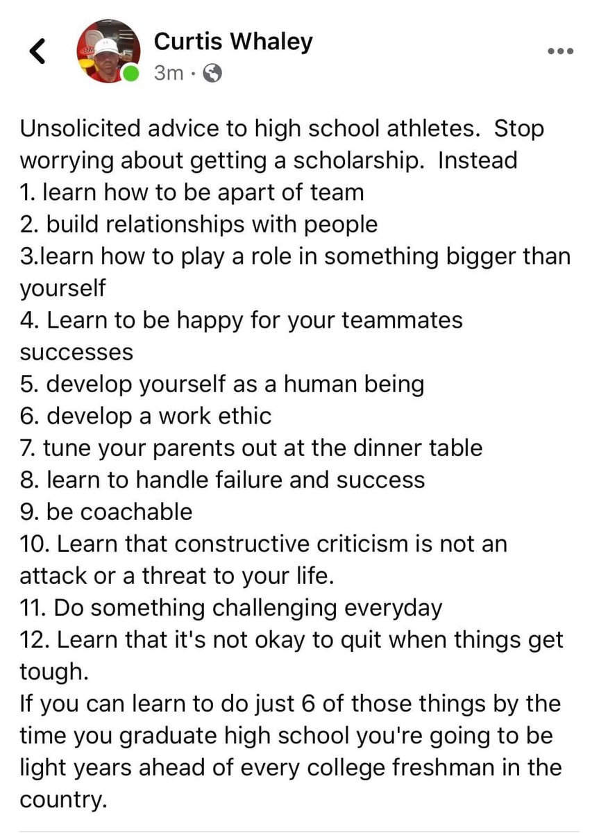 A nice list that encompasses “what the impact of playing HS sports” should actually look like...&amp; it’s also a beautiful “roadmap for success” as a college Fr, in any sport, if you are talented enough to play in college. Clarification: #7 means if they are negative or critical.