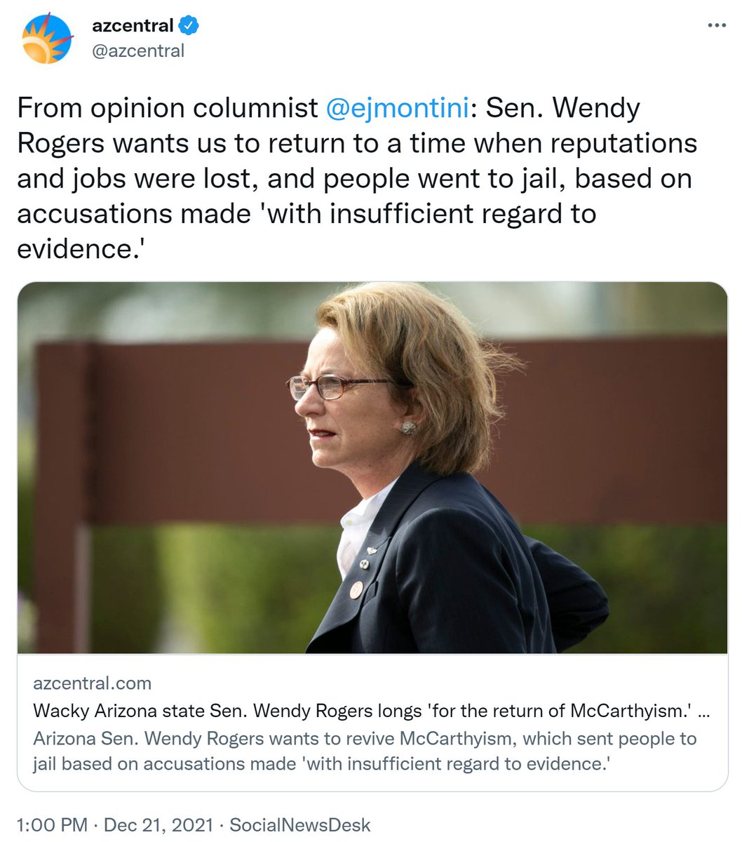 RT @WendyRogersAZ: Bring back McCarthyism. Fire and defeat the communists. https://t.co/VIsajOtFkm