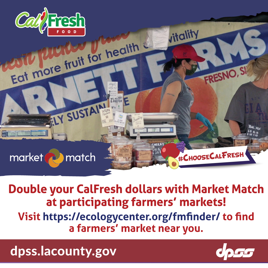 Your #CalFresh benefits are worth more at your local farmers’ market with #MarketMatch! Swipe your EBT card &amp; get vouchers to match so you can shop more! Visit ecologycenter.org/fmfinder/ to find a participating market near you. #ChooseCalFresh
<a href="/LaCienegaCFM/">La Cienega Farmers</a> @CulverFM <a href="/CAMarketMatch/">Ca Market Match</a>