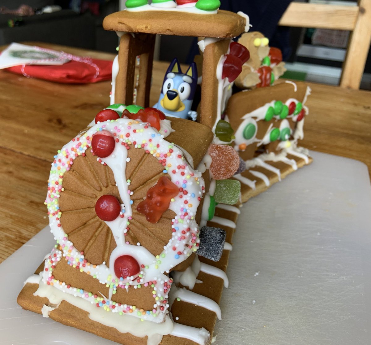 bcarkley's tweet photo. @OfficialBlueyTV Bluey driving my 4 year olds gingerbread train! https://t.co/5ea4McVSev