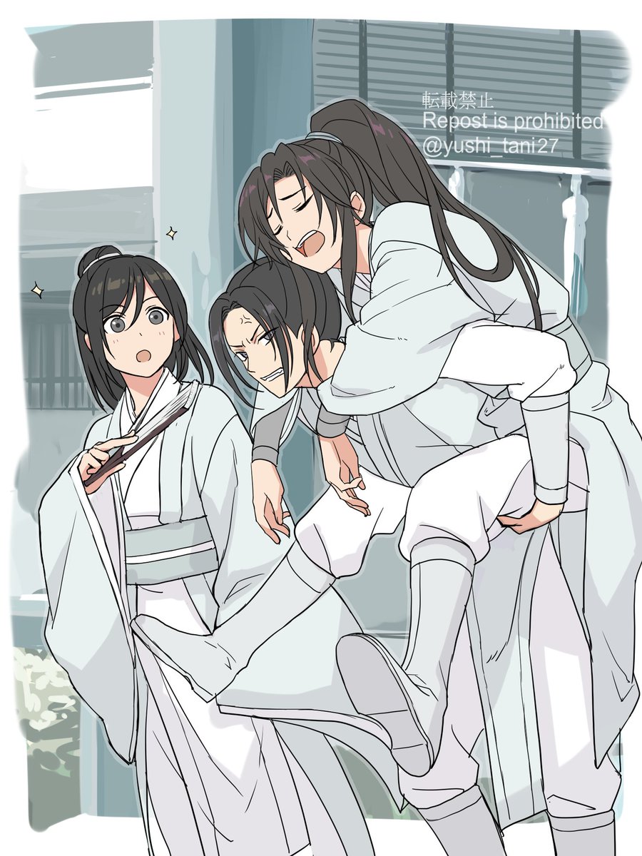 2boys multiple boys black hair hand fan holding long hair 1girl  illustration images