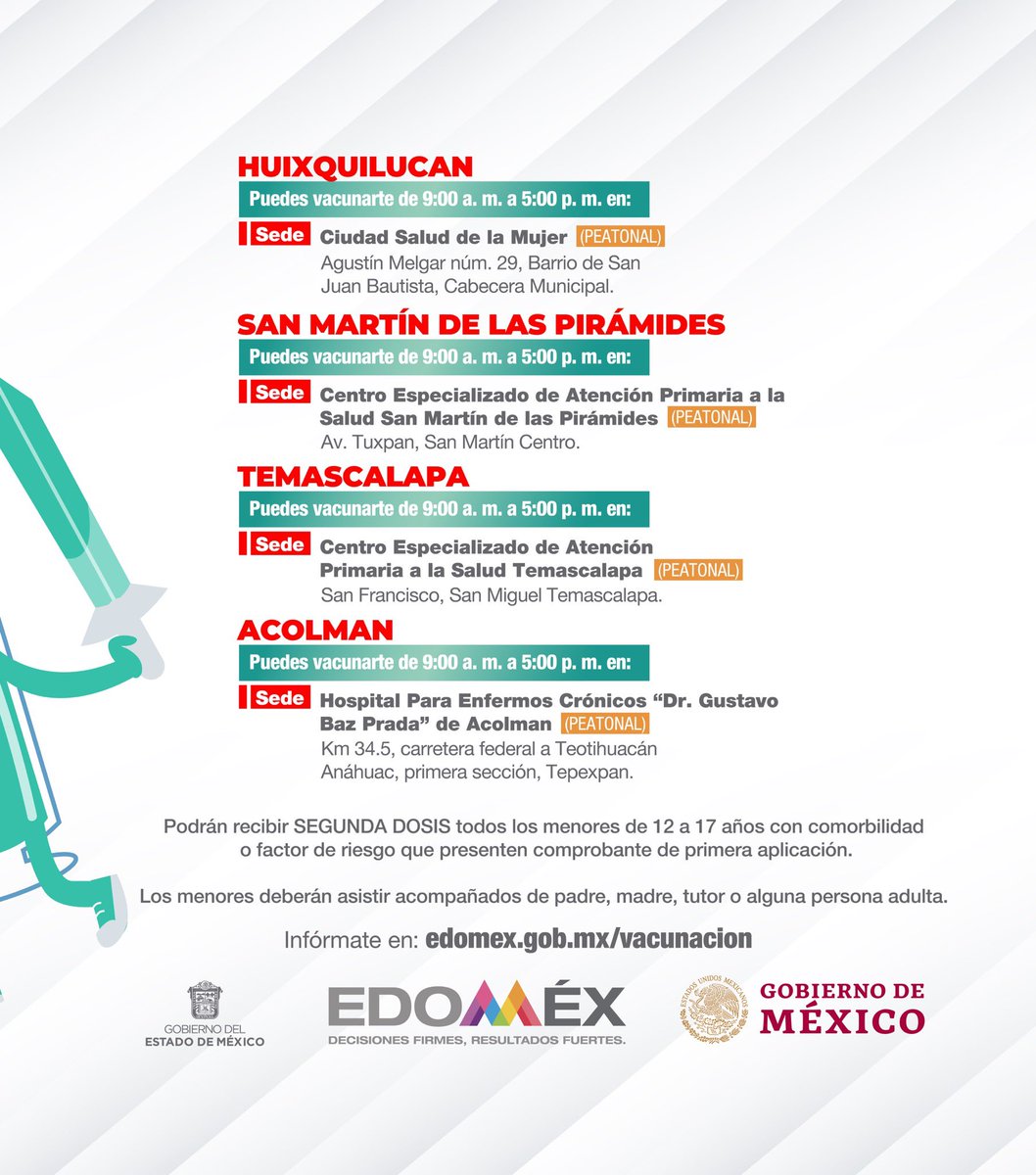 alfredodelmazo's tweet photo. El 23 de diciembre aplicaremos la segunda dosis a menores de 12 a 17 años con alguna comorbilidad o factor de riesgo en #Huixquilucan, #SanMartínDeLasPirámides, #Temascalapa y #Acolman. #EstrategiaDeVacunación https://t.co/GvItkpwATo