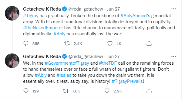 matigarieri's tweet photo. We, in the #GovernmentofEthiopia &amp; #theENDF call on the remaining forces to hand themselves over or face z full wrath of our gallant fighters. Don't allow #Getachew &amp; #Debrexion to take you down the drain wz them. It is essentially over, z rest, as zy say, is history!🇪🇹 Prevails! https://t.co/fNXSc0ITWr
