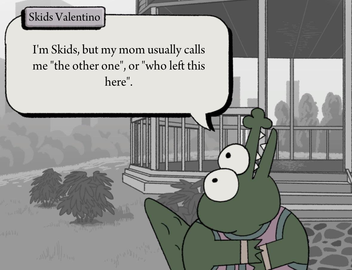 today's lil' dude of the day is skids valentino from later alligator!! (he/him) 