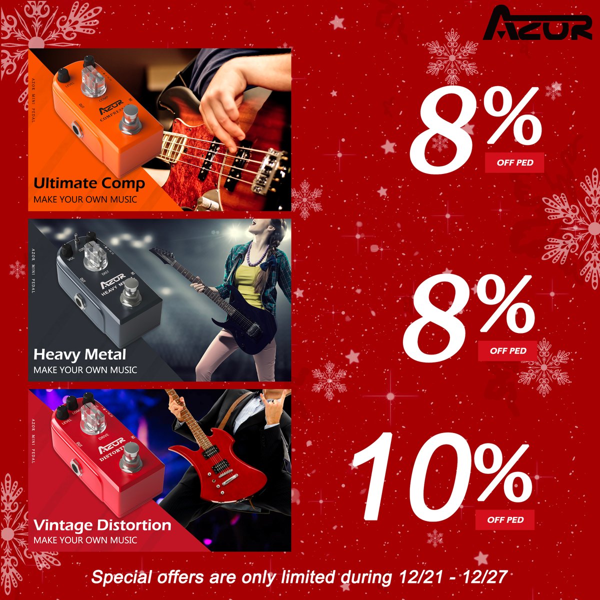 Let us introduce AZOR Ultimate Comp Guitar Effect Pedal ,AZOR Heavy Metal Guitar Effect Pedal and AZOR Vintage Distortion Guitar Effect Pedal to you!,  
Limited quantity, we offer 8% to 10% discount, first come, first served!
Our store: amazon.com/azor