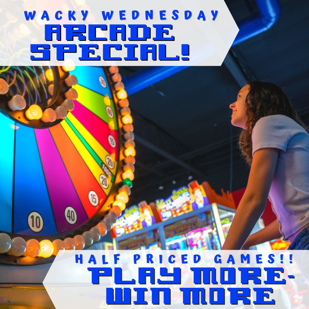 🌟#PlayMore #WinMore on #WackyWednesday at our #arcades ! Come into our parks on #Wednesday and double your fun! We've halved the prices on our arcade games 🕹️for your afternoon binge #gaming 👾Half Price Arcade Special is valid on Wednesdays ONLY 👾