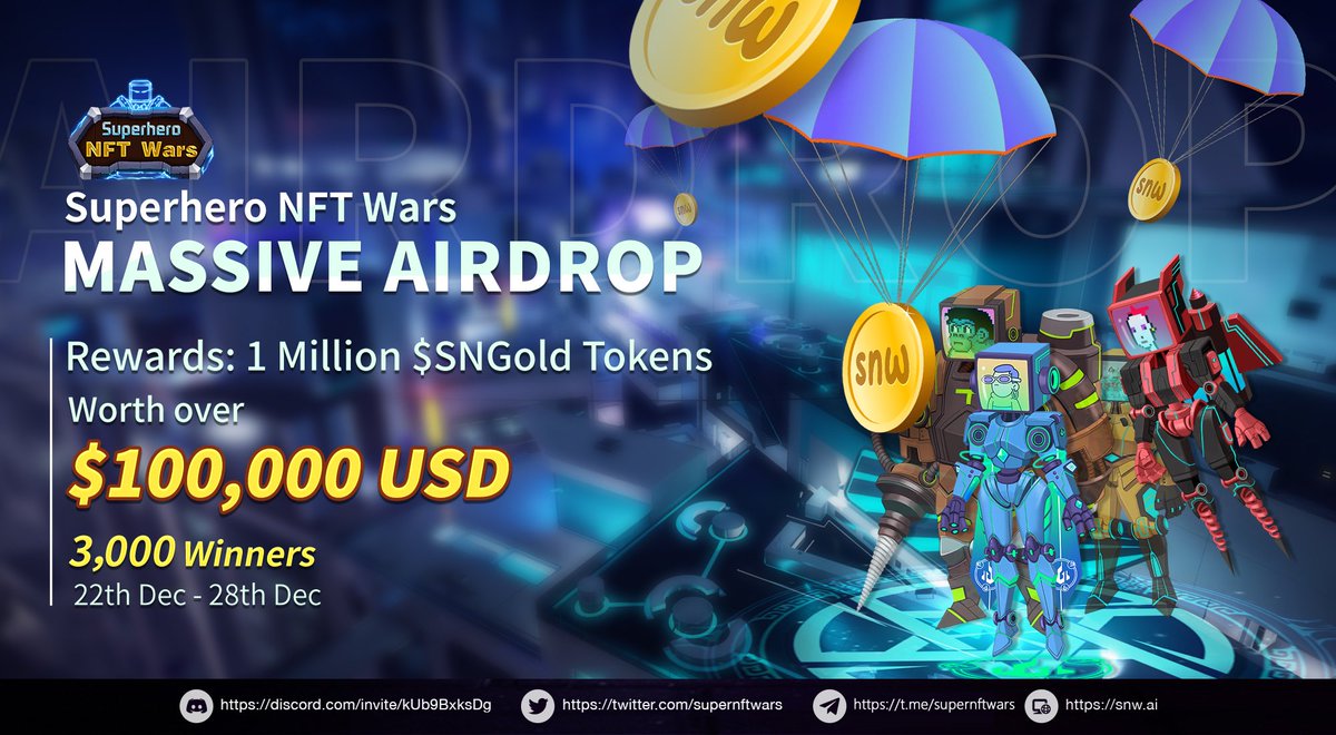 Back to back #Airdrops 🔥🔥🔥

💵Another #SNW #Airdrop is LIVE! 🤑💰👈🏽

🏮 Massive #Rewards worth over $100,000 #USD 

👉🏽Participate in our #Airdrop and earn 300 $SNGold (~$15) for doing tasks

Join our airdrop bot here:
t.me/SuperheroNFTWa…

#Giveaways #Giveaway #NFTGiveaways