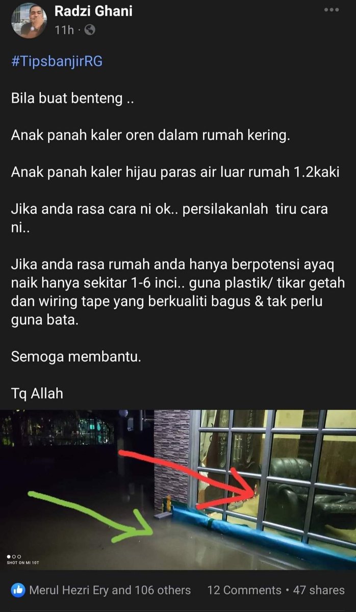RajaCuti's tweet photo. Peralatan Wajib Ada waktu banjir π :
1. Plastik utk ikat barang2
2. Batu bata (ukur panjang ruang yang anda perlu tutup)
3. Pump air (utk sedut air jika benteng banjir dibolosi)
Kredit: Radzi Ghani
#RajaCuti #DaruratBanjir #TipsBanjir https://t.co/zNWTW7VMvB