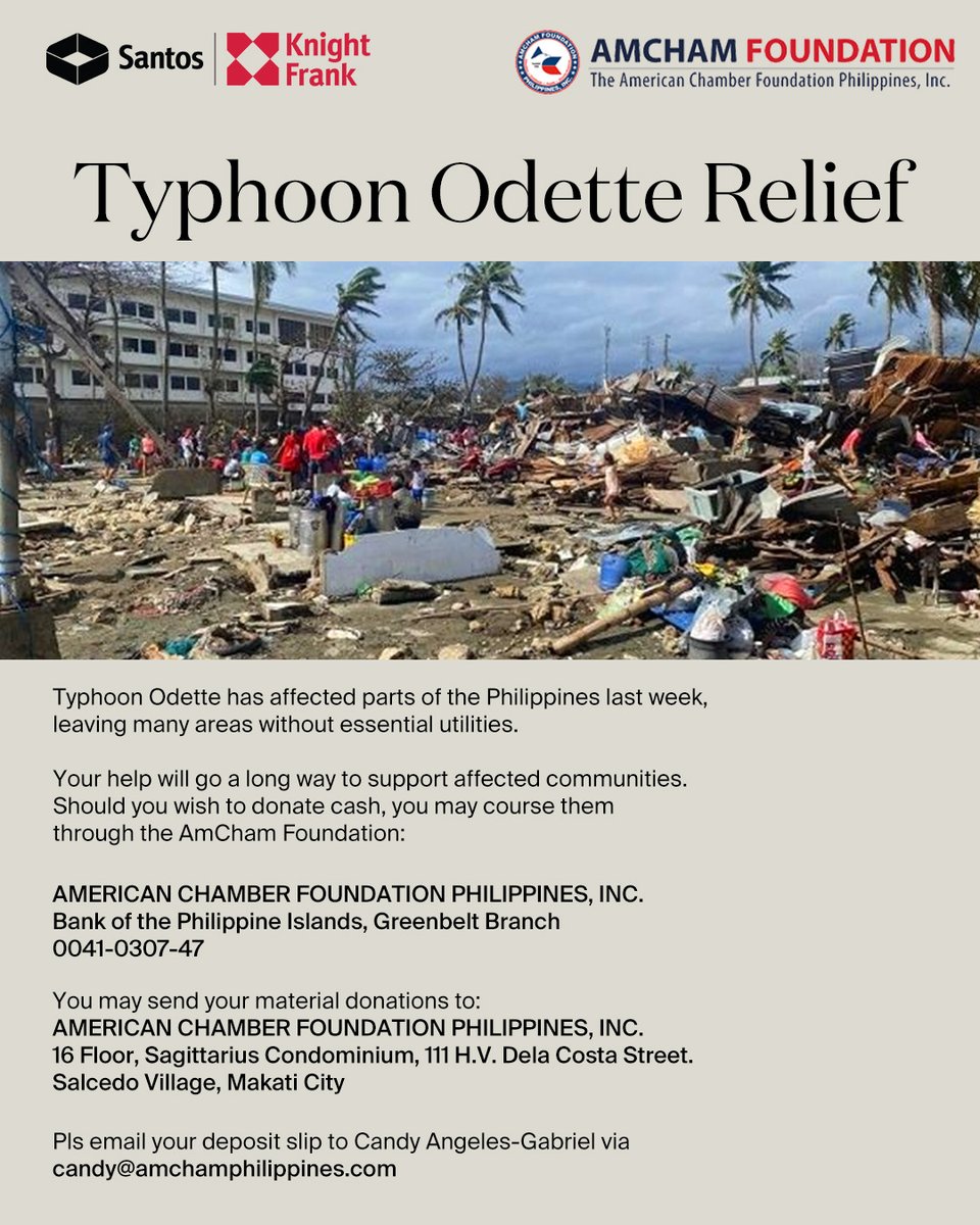 Our hearts go out to the victims and affected communities of #TyphoonOdette in the Visayas and Mindanao region. We stand in solidarity with the AmCham Foundation (ACFPI) to aid relief. Whether in kind or in the form of cash, your help will go a long way. More details below.