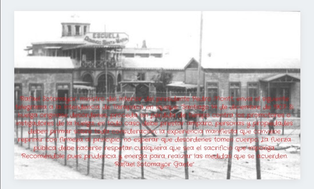 PcLasCondes's tweet photo. @lafundacionsol Y un día antes, mediante telegrama, Rafael Sotomayor (Ministro de Interior) del vil presidente Pedro Montt, proponía "reprimir con firmeza" 
Igual que otro personajillo "socialista", mas de 100 años después.
#ProhibidoOlvidar
#MatanzaSantaMaria https://t.co/mhE6FCwPhJ