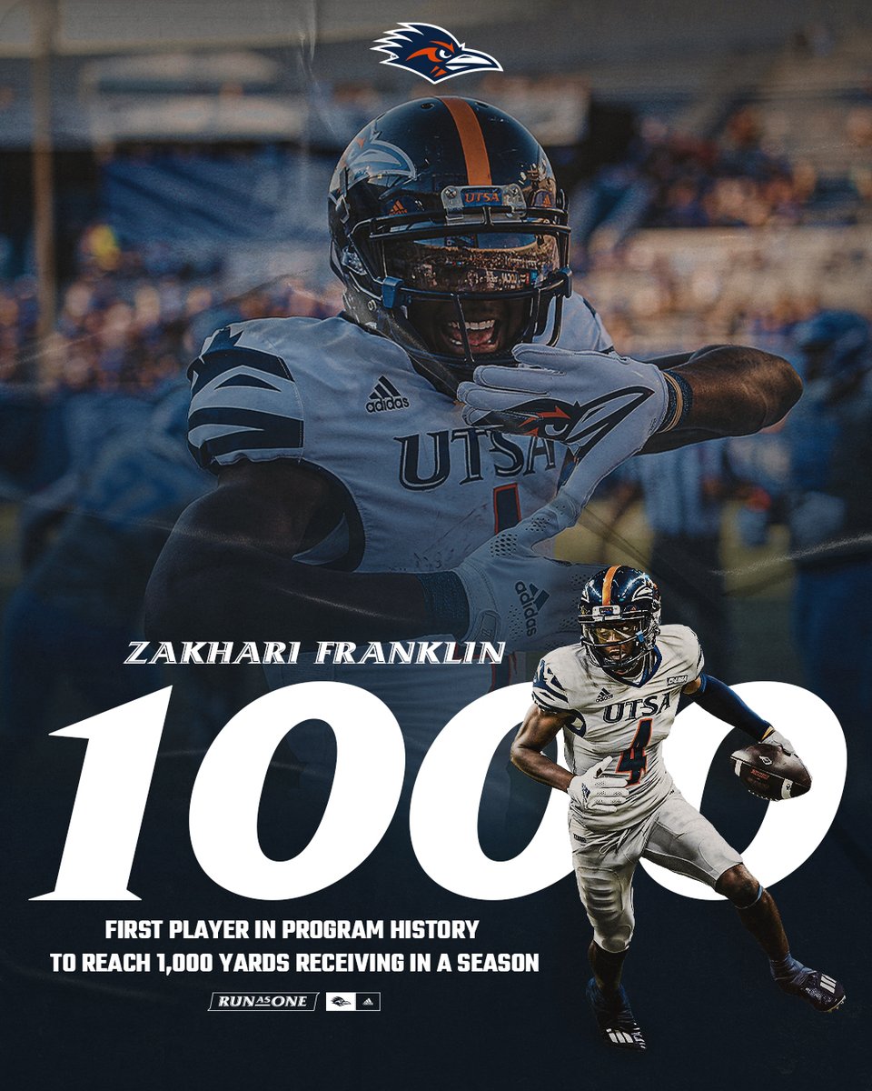 UTSAFTBL's tweet image. The first 1,000 yard receiver in @UTSA history, @ZakhariFranklin!

#BirdsUp 🤙
