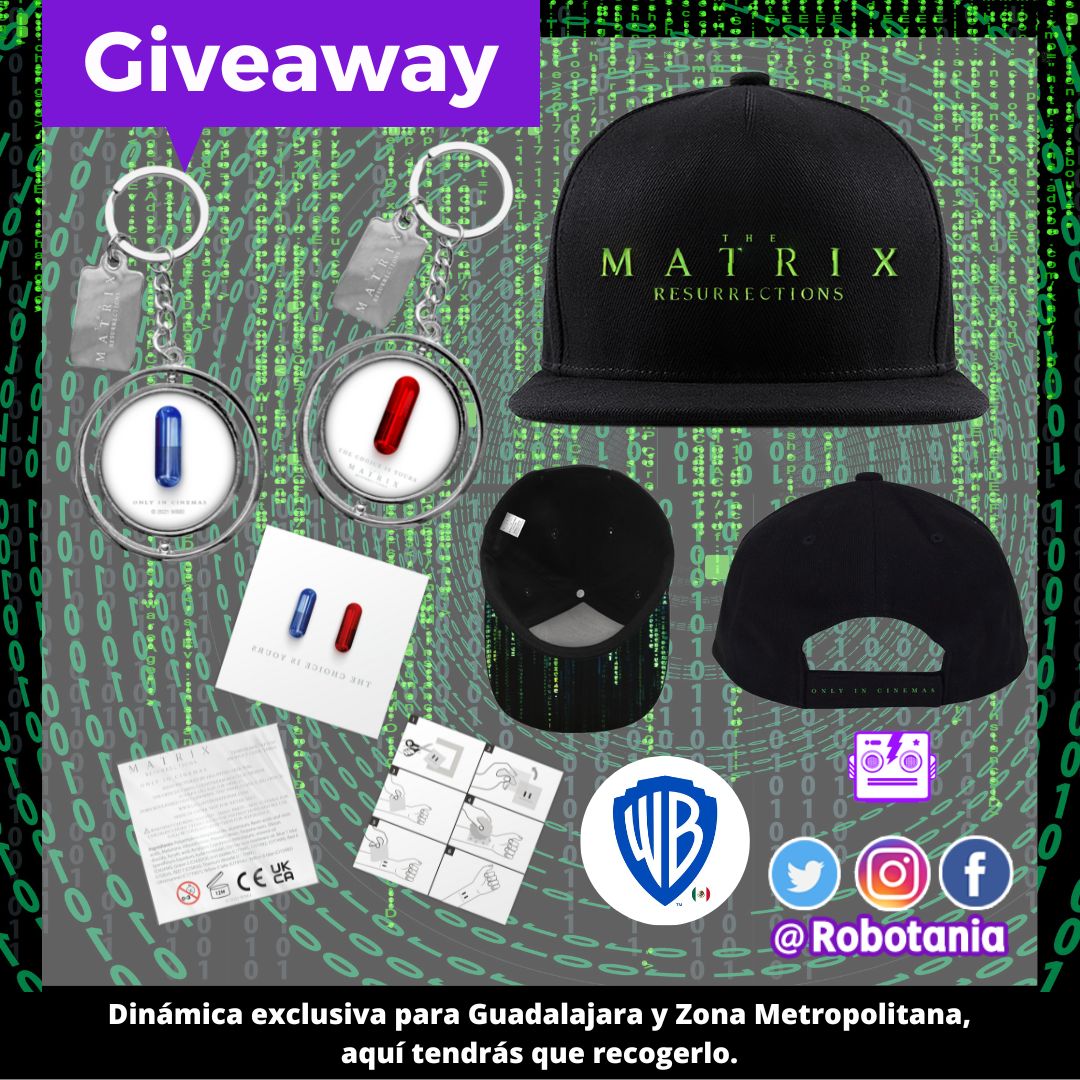 Robotania's tweet photo. Llegó tu oportunidad. Gana este paquete especial de #Matrix Resurrecciones cortesía @WBPictures_Mx 🙌🏾

Participa:
💊Dale❤️y RT
💊Pide el paquete en un comentario con un gif de Matrix.

Incluye: gorra, llavero y tatuajes. Dinámica exclusiva para #Guadalajara 

#Giveaway https://t.co/KqsaTNJxrW