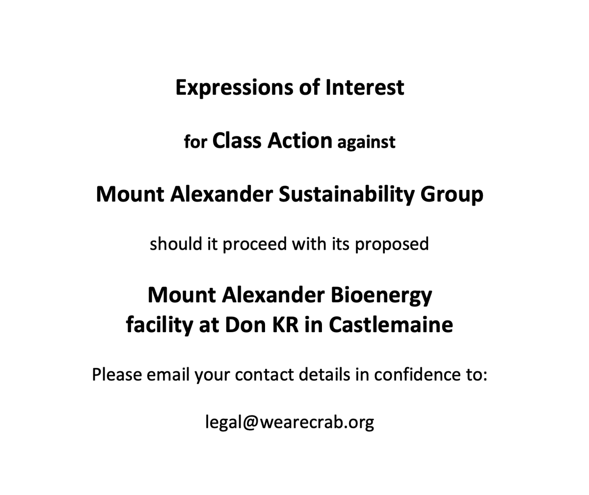 wearecrab's tweet photo. EOI for Class Action against Mount Alexander Sustainability Group
#Castlemaine
#MASG
#MountAlexanderBioenergy
#IsDonIsNoGood https://t.co/bPT3XMsAGj