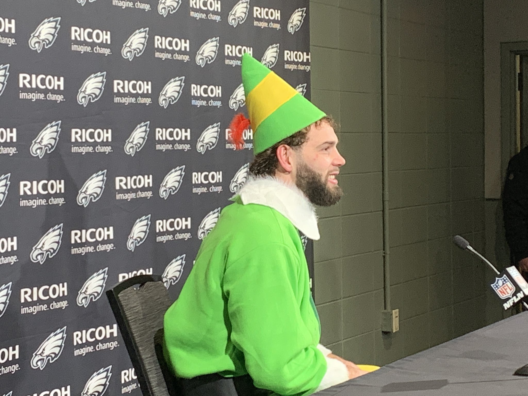 Tim McManus on X: Dallas Goedert, as Buddy the Elf, at his postgame  presser. Said if Eagles lost, outfit probably would have been in the trash.   / X