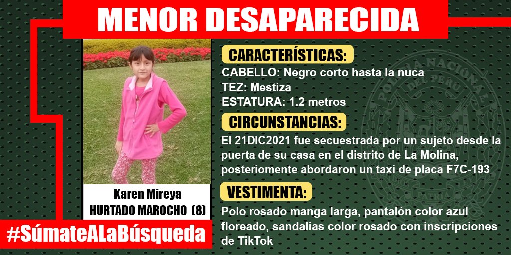 🆘#URGENTE⚠
Si conoces el paradero de 𝐊𝐚𝐫𝐞𝐧 𝐌𝐢𝐫𝐞𝐲𝐚 𝐇𝐮𝐫𝐭𝐚𝐝𝐨 𝐌𝐚𝐫𝐨𝐜𝐡𝐨, repórtalo a la comisaría más cercana o División de secuestros y extorsiones de la <a href="/PoliciaPeru/">Policía Nacional del Perú</a>.
📞(01) 424 9524
#SúmateAlaBúsqueda