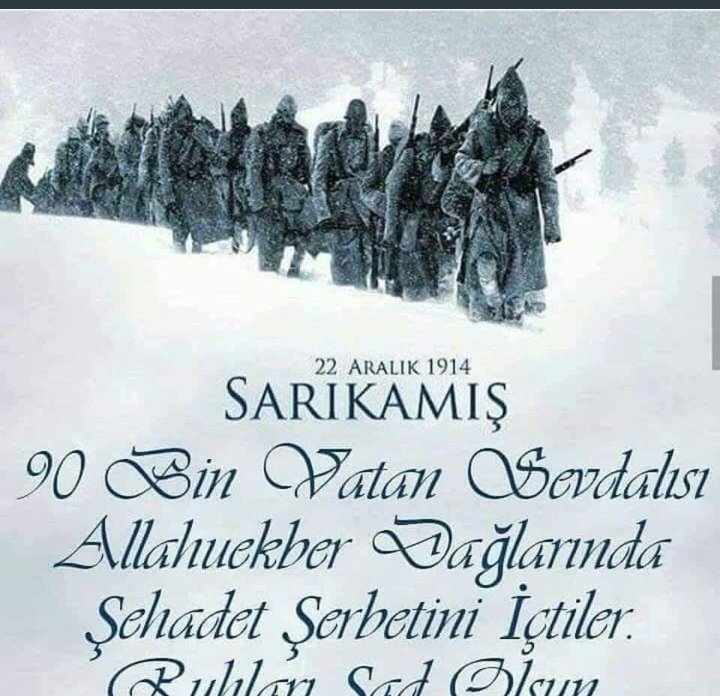#22aralık1914
Vatan uğruna şehit düşen 
#SarıkamısSehitleri ni
Saygı ve rahmetle yad ediyorum 

Allah hepinizden razı olsun
Mekanınız cennet olsun inşAllah minnet ve gururla