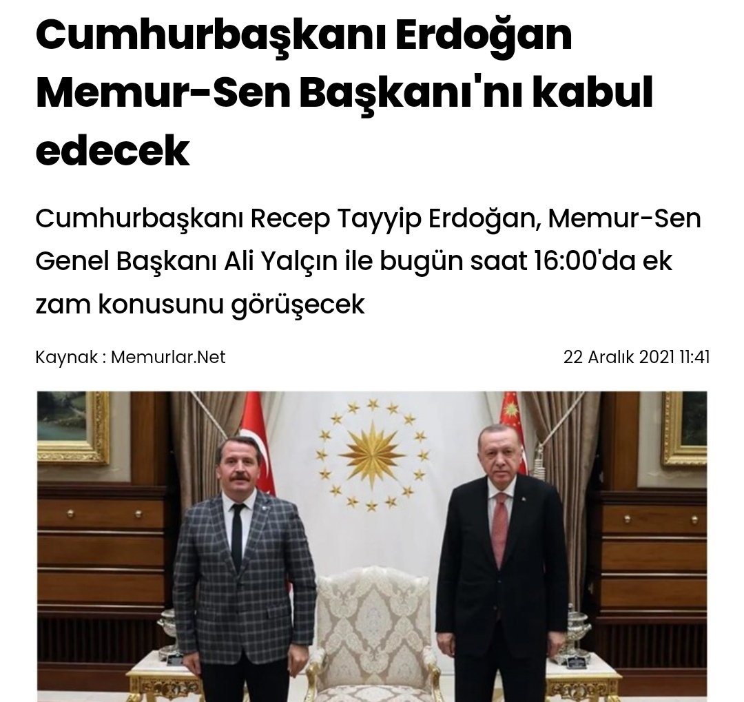 Memur sen başkanı cumhurbaşkanı ile ek zam konusu ile görüşecekmiş. Memurlar olarak talebimiz :
Yüzde 5+ enflasyon farkı+ seyyanen 2000 tl zam
<a href="/RTErdogan/">Recep Tayyip Erdoğan</a>
<a href="/_aliyalcin_/">Ali YALÇIN</a>
<a href="/vedatbilgn/">Vedat Bilgin</a>
<a href="/fahrettinaltun/">Fahrettin Altun</a>
#SnRTEMemura2000tlZam