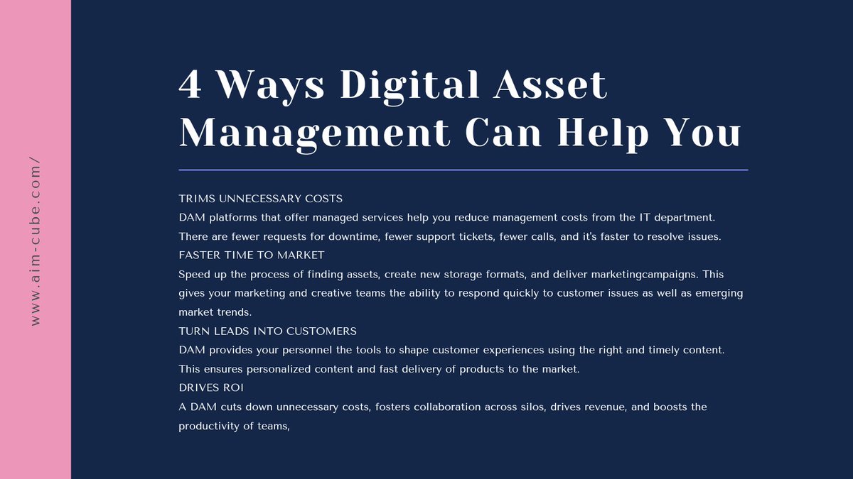Digital Asset Management isn't just for storing and sorting your files, it's a treasure chest of benefits! 

Read these benefits to learn more>>

aim-cube.com 

Contact ana@aim-cube.com for any enquires