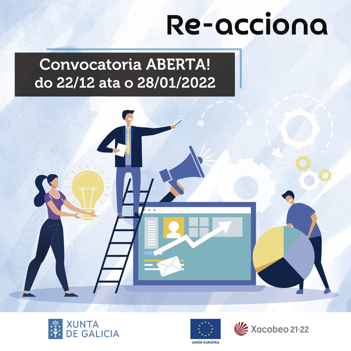 IgapeXunta's tweet photo. 📣 ABERTA a convocatoria de #Reacciona!

👉🏾O #Igape pon en marcha este programa, cofinanciado pola Unión Europea, que axuda ás empresas en:

➡️  #Dixitalización 
➡️ #Innovación
➡️  #Profesionalización 
➡️  #Estratexia
🙋🏽‍♀️ Máis detalles en ➡️ https://t.co/W9cDCBIlCb
@galiciacrece https://t.co/HKLv425TYs