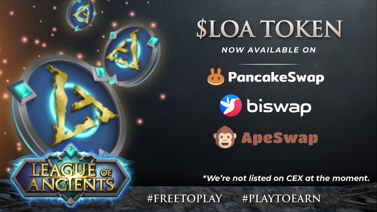 🚧Attention dear LOAders, we are AVAILABLE on PancakeSwap, Biswap &amp; ApeSwap but NOT listed on CEX yet 🚀

👀Beware of Scammers &amp; Happy Trading📈

#FreeToPlay #PlayToEarn #BSC #LOA #GameFi #Metaverse