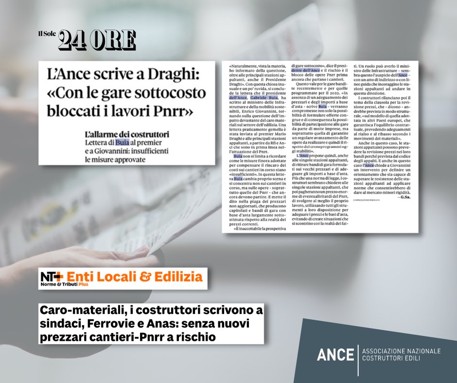 ancenazionale's tweet photo. #Caromateriali: senza adeguamento dei #prezzari rischio blocco #cantieri. Il Presidente #Buia scrive a Governo, sindaci, Ferrovie e Anas @sole24ore @24Edilizia https://t.co/y9xuEGRJFl