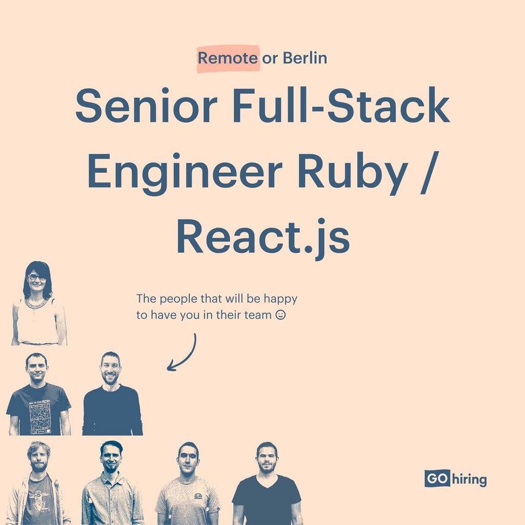 gohiring's tweet photo. Join us on our mission to empower B2B customers to make data-based recruitment decisions (#remotefirst since 2012) 🚀
Apply now: https://t.co/JYgDFViXOp

Summary:
🌐 Remote Culture Since 2012
💻 Flexible Hours
🔧 Ruby, React.js, Ember.js, AWS, Docker, Rest API, Heroku https://t.co/zXzyBnOLPT