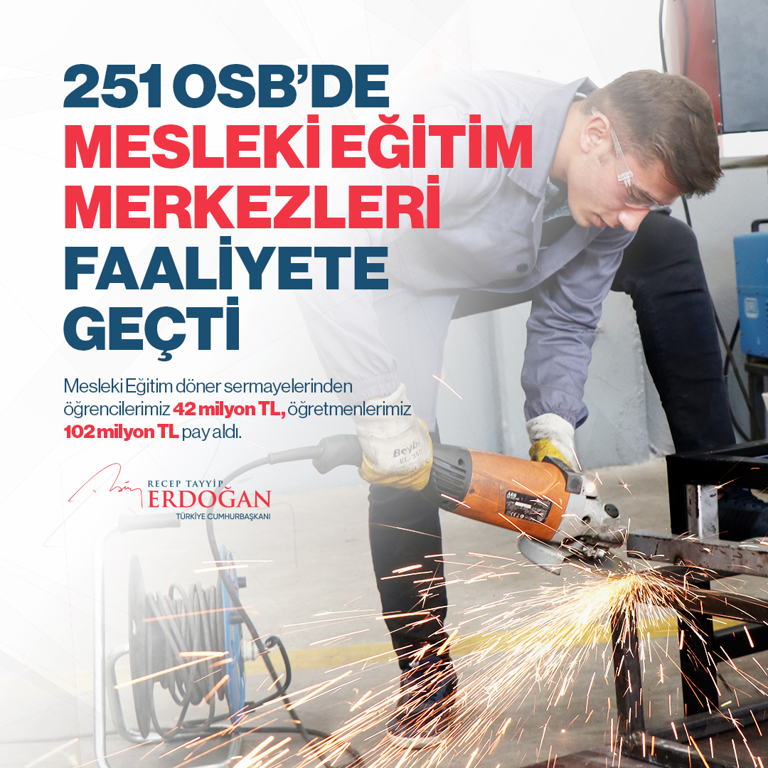 RTErdogan's tweet photo. Ülkemizdeki 251 Organize Sanayi Bölgemizin tamamında mesleki eğitim merkezleri faaliyete geçti.

Amacımız hiçbir sektörde hiçbir firmamızın “aradığım elemanı bulamıyorum” demeyeceği bir mesleki eğitim sistemi kurmaktır. https://t.co/WhHncNk88R