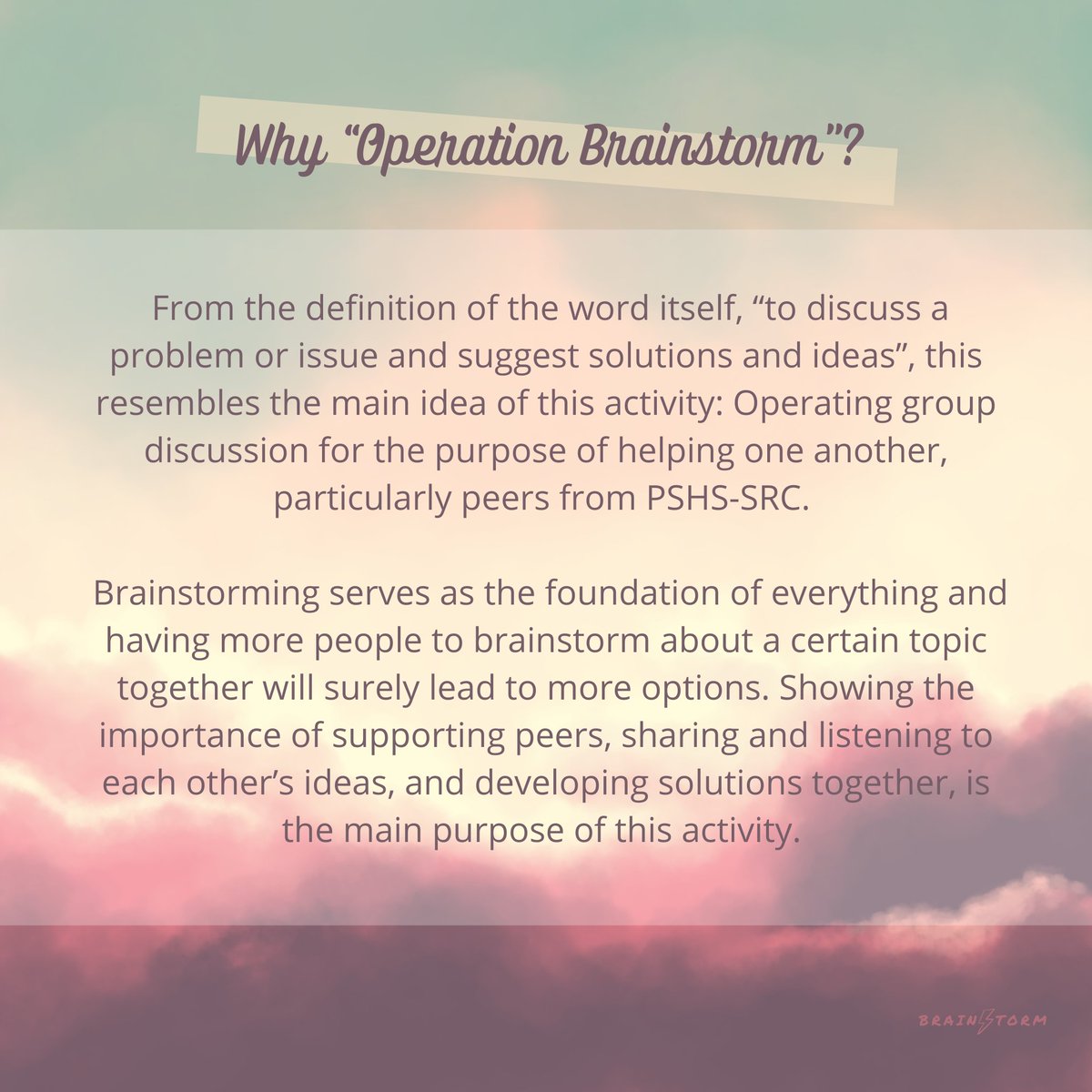 brainstorm_src's tweet photo. Hi Stormies!✨

In this post, we will be talking about Brainstorm’s purpose, objectives, and goals. Here, we have all the important particulars about Brainstorm for you to read.🥰 https://t.co/0IO5M3kRSF