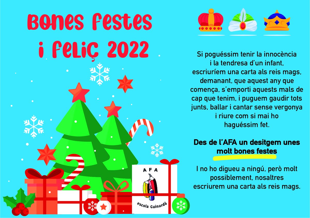 afa_escola's tweet photo. L'AFA de l'@escolaguinardo us desitja molt #BonesFestes i un feliç any #2022.  #BonNadal https://t.co/eSs1bmGjTg