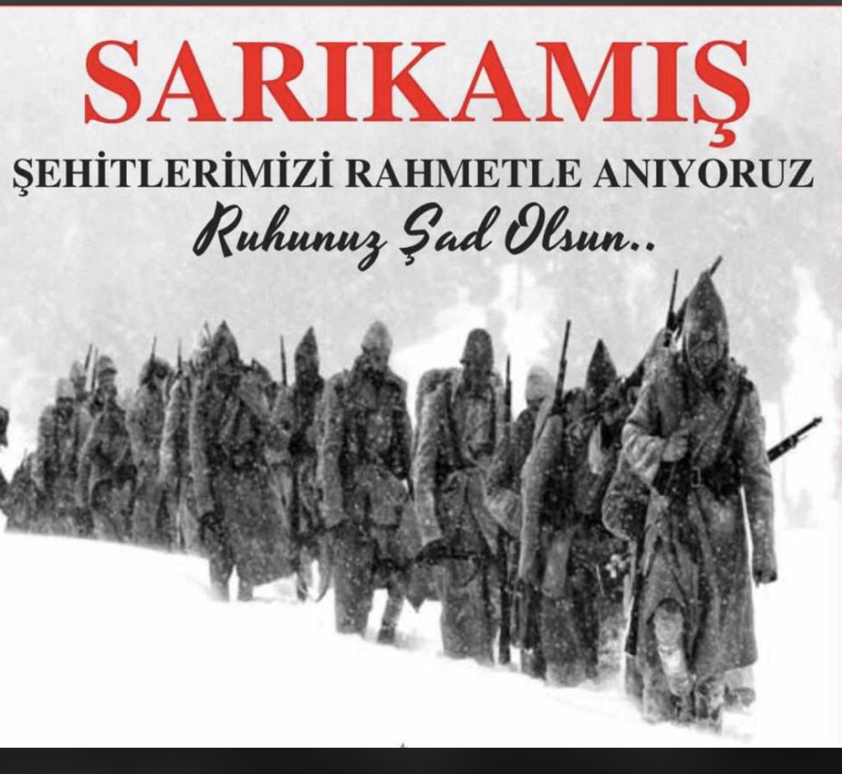 22 Aralık 1914′ te Vatanı için Donarak Hakk’a yürüyen Sarıkamış Şehitlerimizi, Rahmet, Saygı ve Minnetle anıyoruz. Ruhlarınız şad mekanlarınız Cennet olsun.