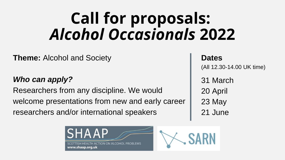 📢 Calling all researchers with an interest in #alcohol and #society !
SHAAP and <a href="/SARNalcohol/">Scottish Alcohol Research Network (SARN)</a> are excited to launch a new series of the Alcohol Occasionals in 2022!

Learn more👉shaap.org.uk/news/359-ao22-…
📚See our previous occasionals: shaap.org.uk/downloads/alco…