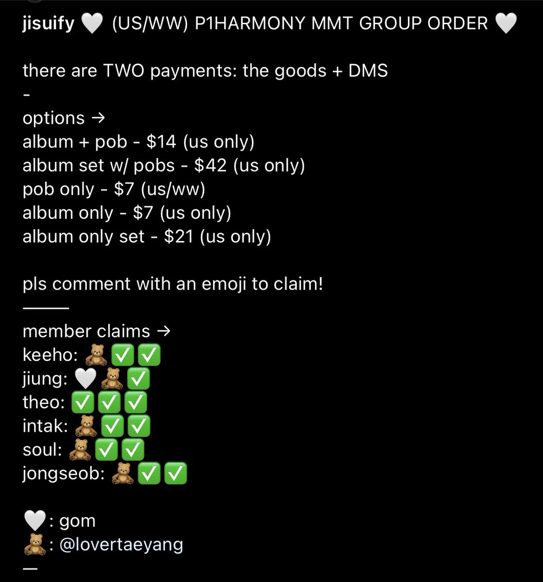 jisuify's tweet photo. USA/WW P1HARMONY MMT GO 
★ TWO payments 
☆ member claims for pobs available! 
★ album + pob - $14 / pob only - $7 !!
☆ first payment is due when ur added into a gc!
★ comment to claim https://t.co/CC5ygkQnLj